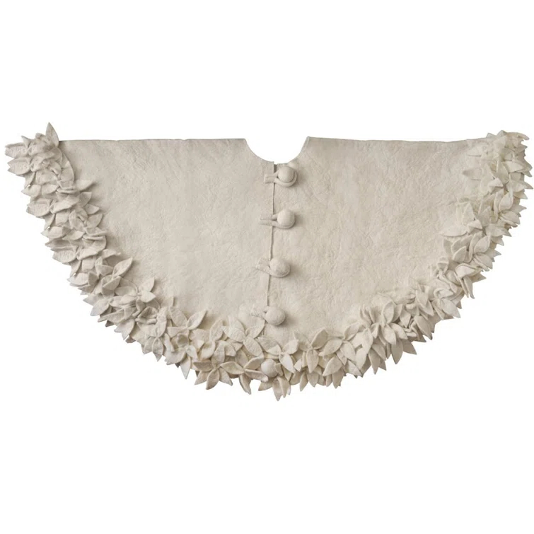 Handmade Felted Wool Christmas Tree Skirt - Overlapping Flowers Border in Cream