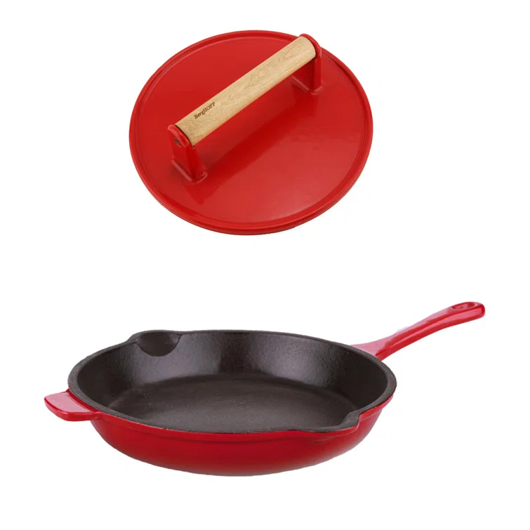 BergHOFF BergHOFF Neo 2Pc Red Enamel Cast Iron Cookware Set with 10" Fry Pan and Steak Press