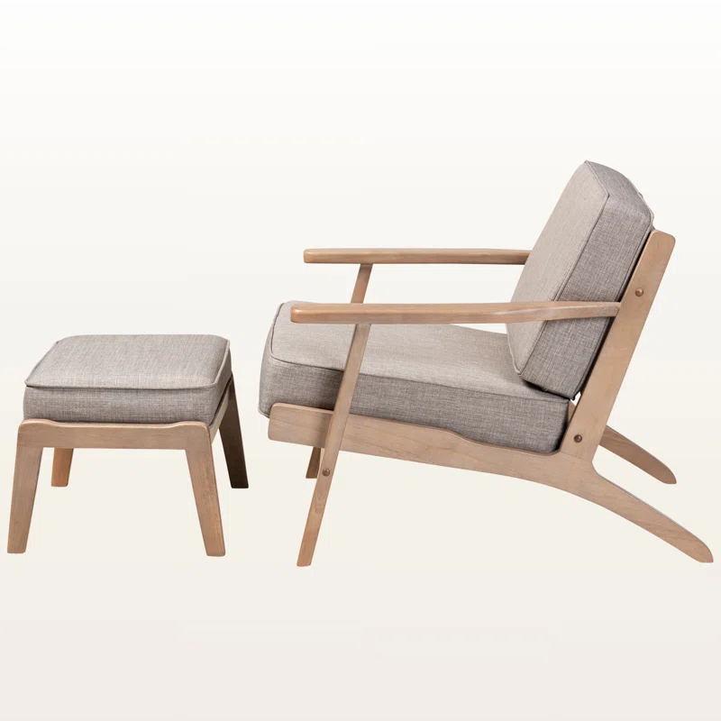 George Oliver Emsworth Mid-Century Modern 2-Piece Antique Oak Finished Armchair and Ottoman Set in Light Grey Fabric