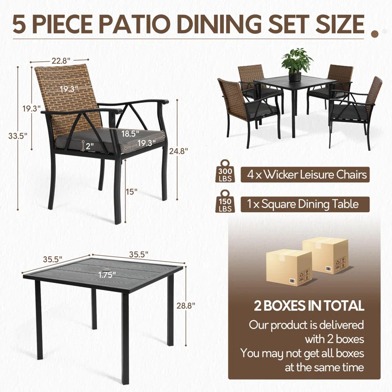 howcoolmall 5 Piece Patio Dining Set for 4, 4 Chairs with Cushions and 1 Square Table with 1.75” Umbrella Hole Outdoor Furniture Set, Black and Brown