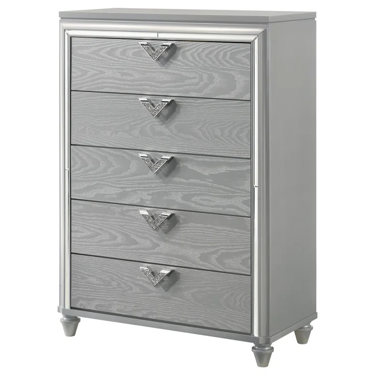 Benjara Haley Tall Dresser Chest, V Shaped Glittering Metal Handles, Light Silver