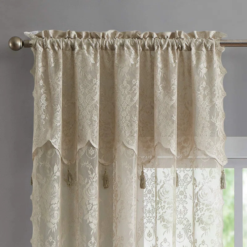 Rosdorf Park Rosdorf Park Pair Of 2 Sheer Lace Curtain Panels with Attached Matching Valance With 6 Tassels. (Set of 2)