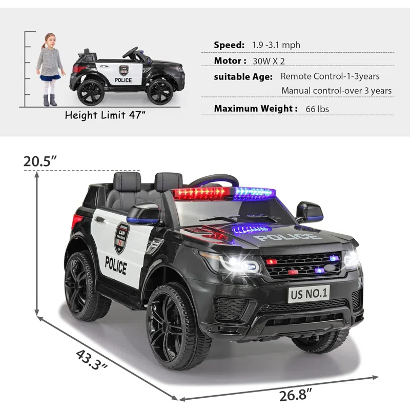 Allied Plush Inc 12V Kids Ride on Car, Electric Police Cars with Remote Control