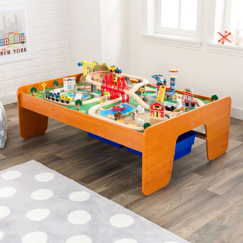 KidKraft Ride Around Town Wooden Train Set And Table With Storage Bins And 100 Pieces, Honey