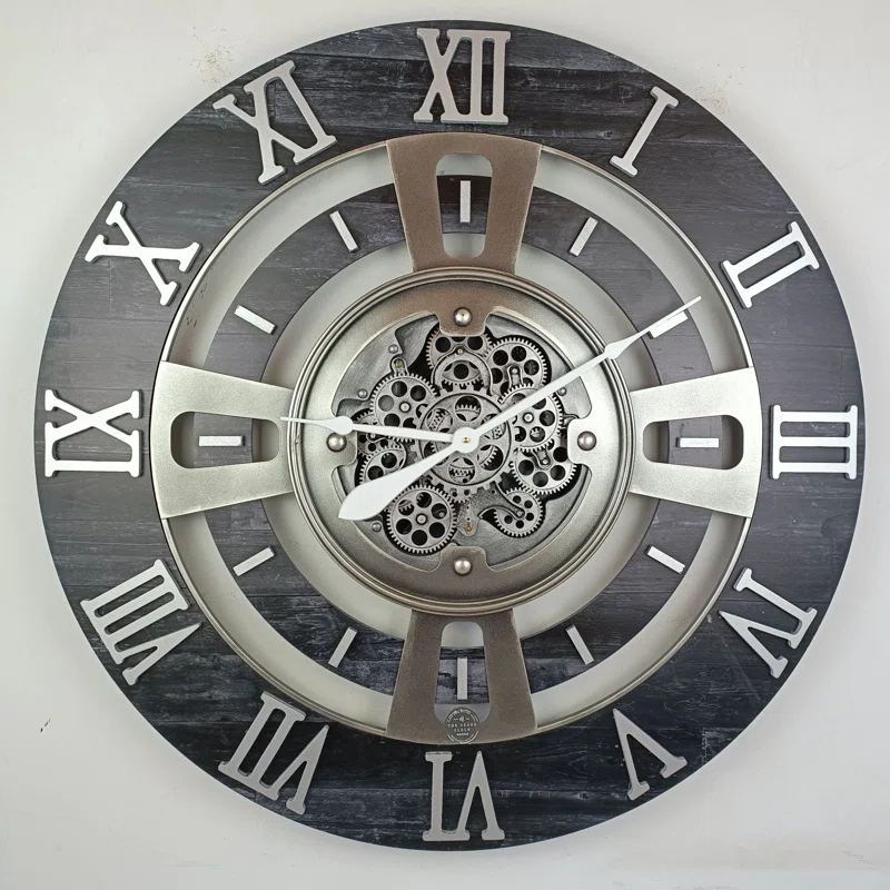 THE GEARS CLOCK Wall Clock with Real Moving Gears EN-LI_ 36 in Round Vintage-Black