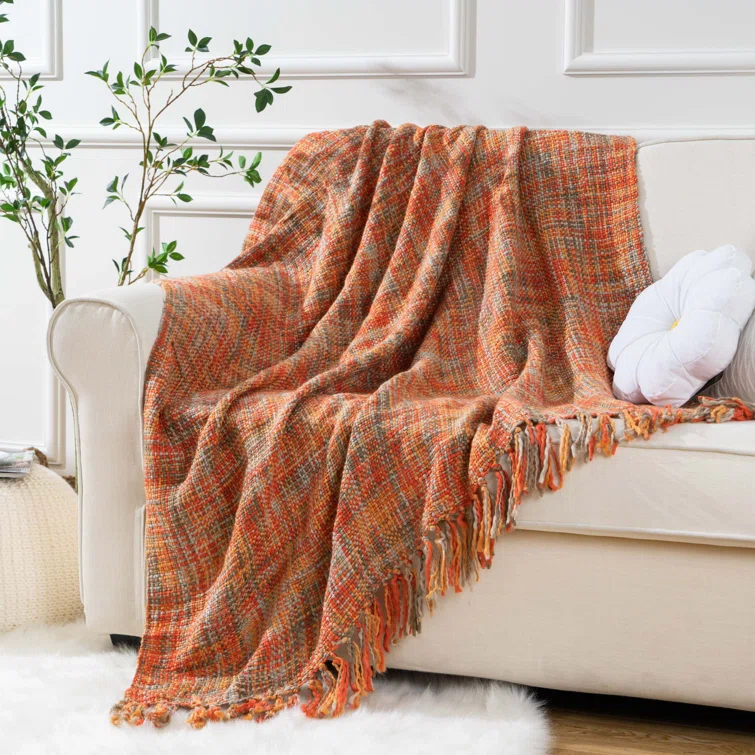 Battilo Home Rust Orange Throw Blanket For Couch, Bed, Boho Colorful Throw With Tassels, Halloween Decor, Fall Home Decor, 50"X60" | Wayfair