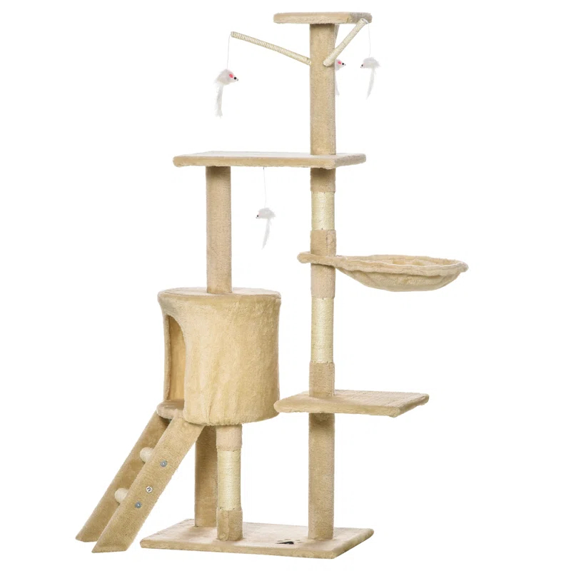 Tucker Murphy Pet™ 53" Plush Sturdy Interactive Cat Condo Tower Scratching Post Activity Tree House - Beige