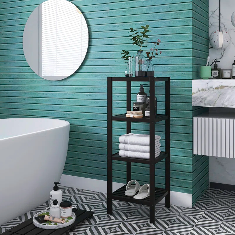 Bathroom Storage Shelf, 4-Tier Bamboo Rack Organizer, Multifunctional Shelving Unit For Living Room Bedroom Kitchen (Black)