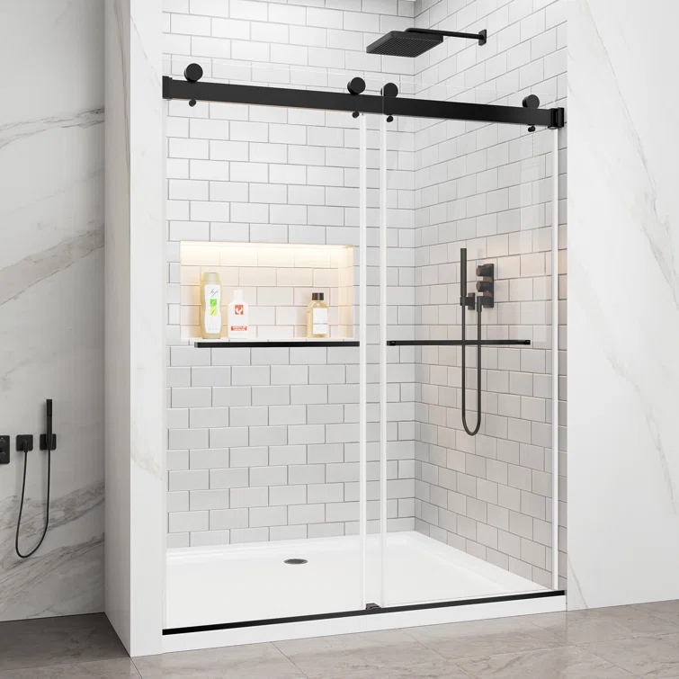 Rizzon 56-60 " W X 76 " H Double Sliding Frameless Shower Door  5/16" Tempered Glass, Stainless Steel Hardware | Wayfair