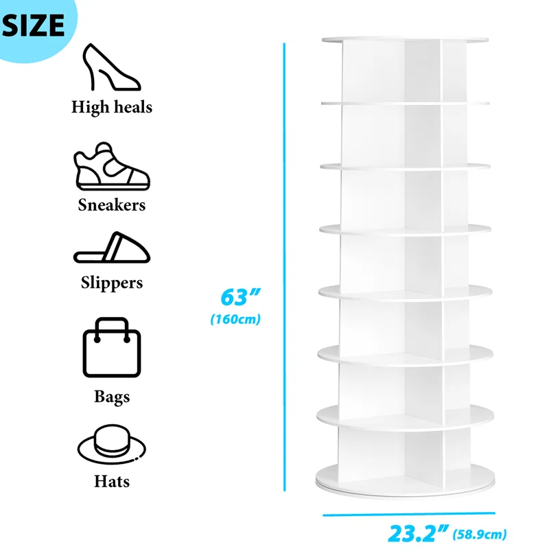 SpaceAid 7-Tier Rotating Shoe Rack Tower, 360° Spinning Shoe Display Carousel, Vertical Shoe and Handbag Organizer, Lazy Susan Closet Storage (White)