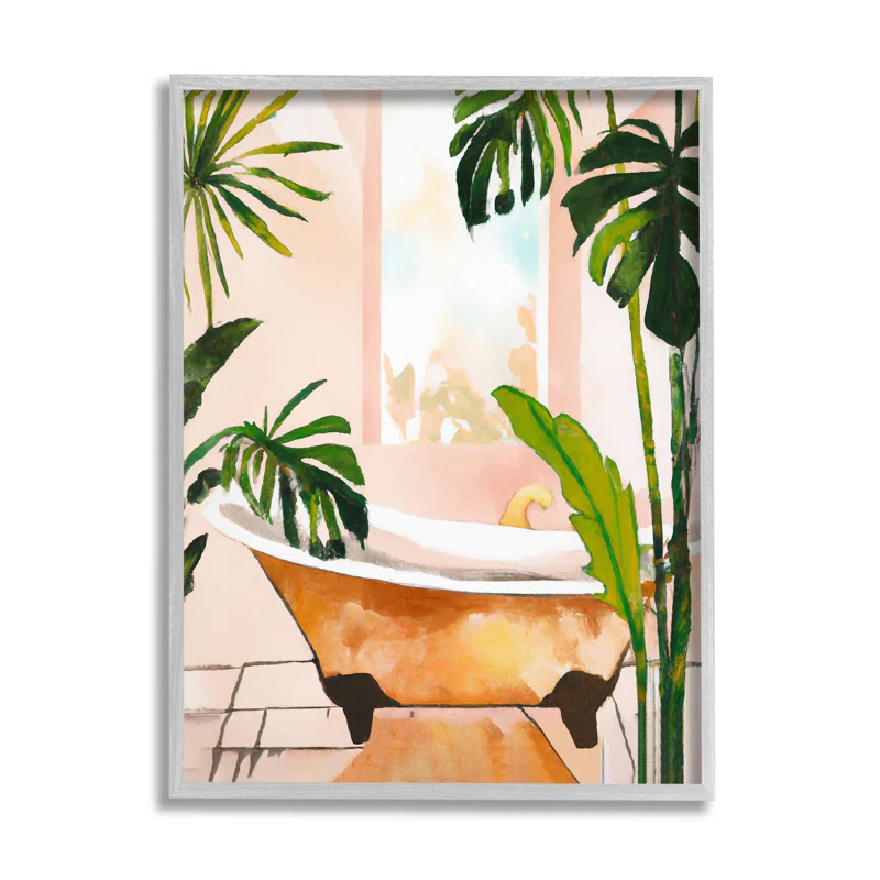 Stupell Industries Tropical Plants & Bathtub by Ramona Murdock Single Picture Frame Print on Canvas