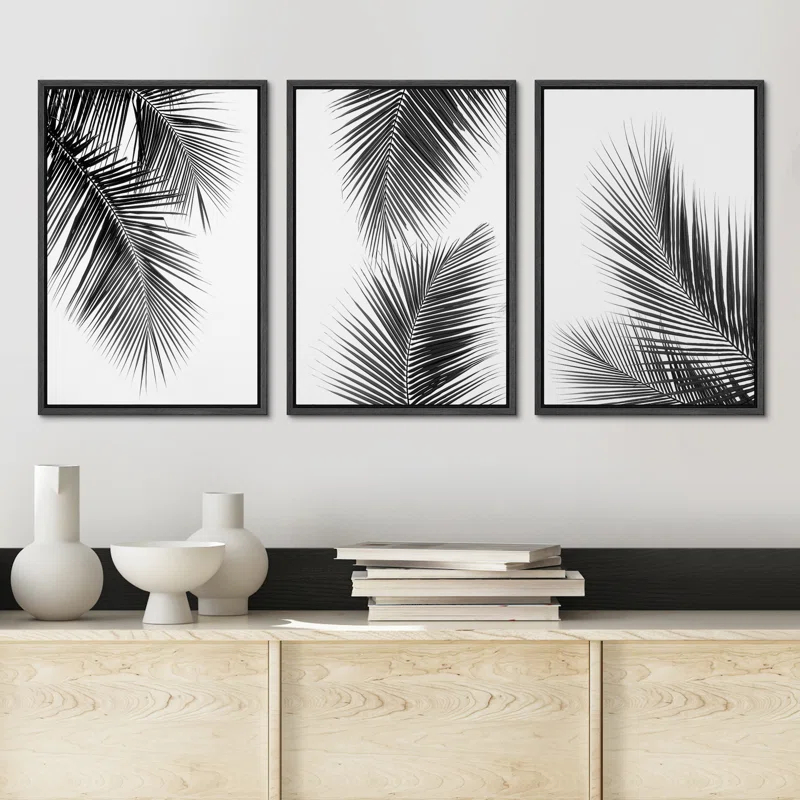 IDEA4WALL Minimal Botanical Black And White Tropical Palm Tree Leaves Organic Modern Framed Canvas 3 Pieces Print Wall Art