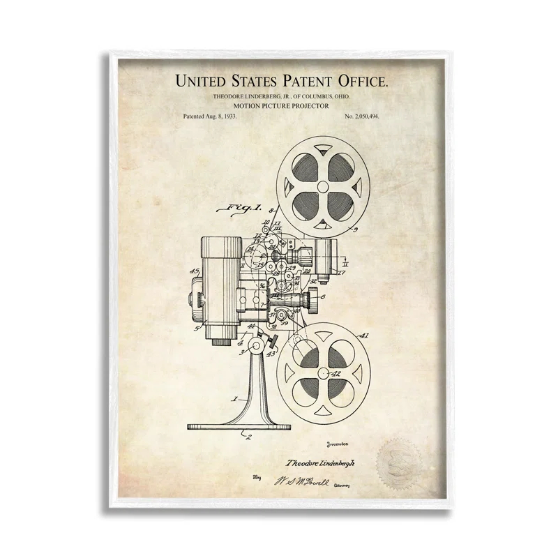 Stupell Industries " Motion Picture Projector Patent Design Blueprint Diagram " by Karl Hronek