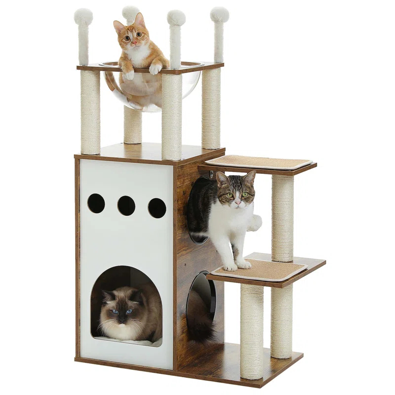 Ivy Bronx Modern Cat Tree Cat Tower With 2-Floor Condo, Scratching Posts, Capsule Nest & Dangling Balls