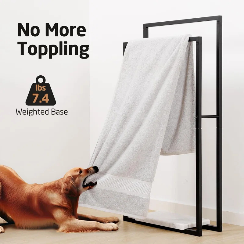 Hokku Designs Standing Towel Racks For Bathroom With Heavy Marble Base, 38" H Towel Rack Stand For Bathroom 2-Tier, Blanket Rack For Bathroom Floor, Matte Black