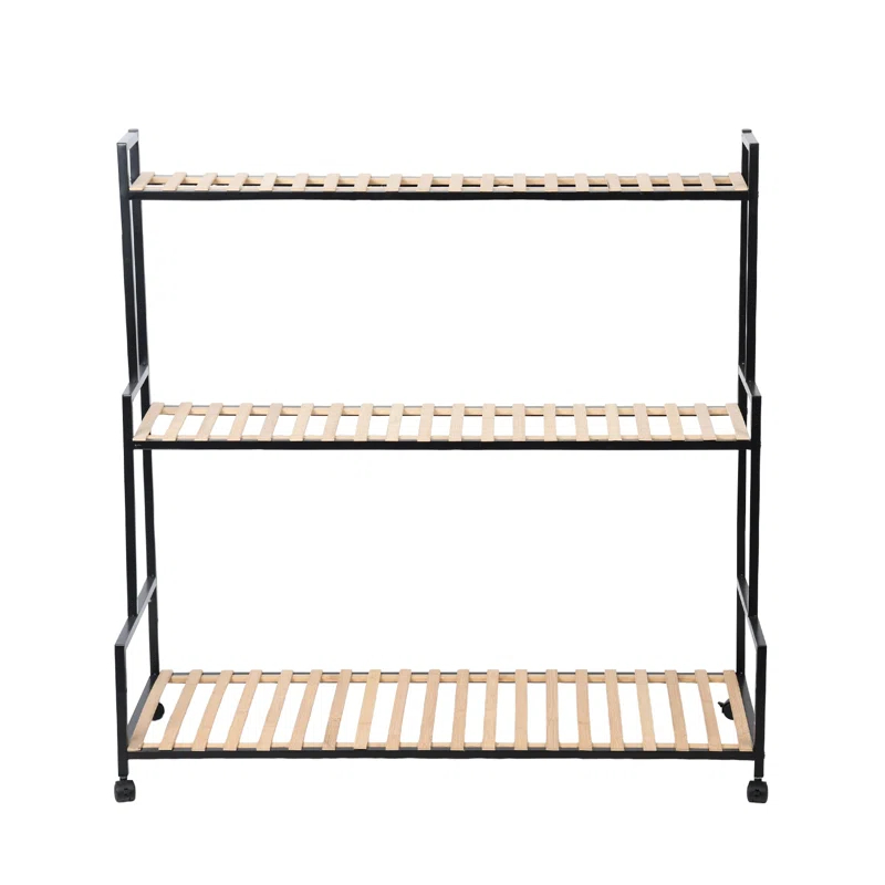 17 Stories Rustic Plant Stand with Wheels,Metal Plant Rack with Solid Wood,3 Tier Ladder Plant Flower Shelf