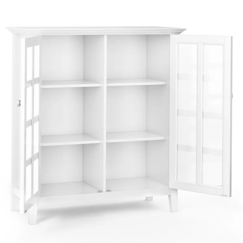 Simpli Home Acadian 39"W Solid Wood 4-Shelf Medium Storage Cabinet with Glass Doors and Adjustable Shelves