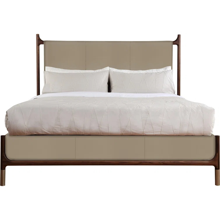 Queen Walnut and Beige Upholstered Wood Bed with Headboard