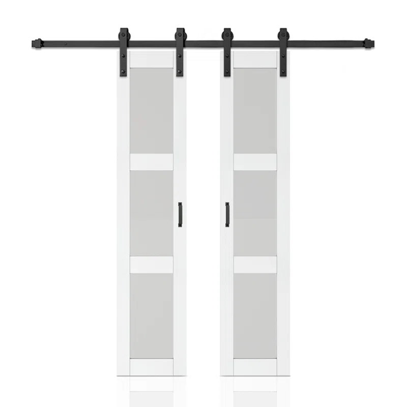 Calhome 3-Lite Tempered Frosted Glass White Finished Composite Double Sliding Barn Door with Hardware Kit Handle