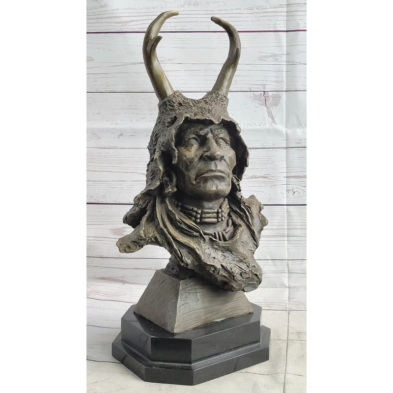 Canora Grey Native American Indian Shaman Man In Antler Headdress Bronze Sculpture Statue On Marble Base
