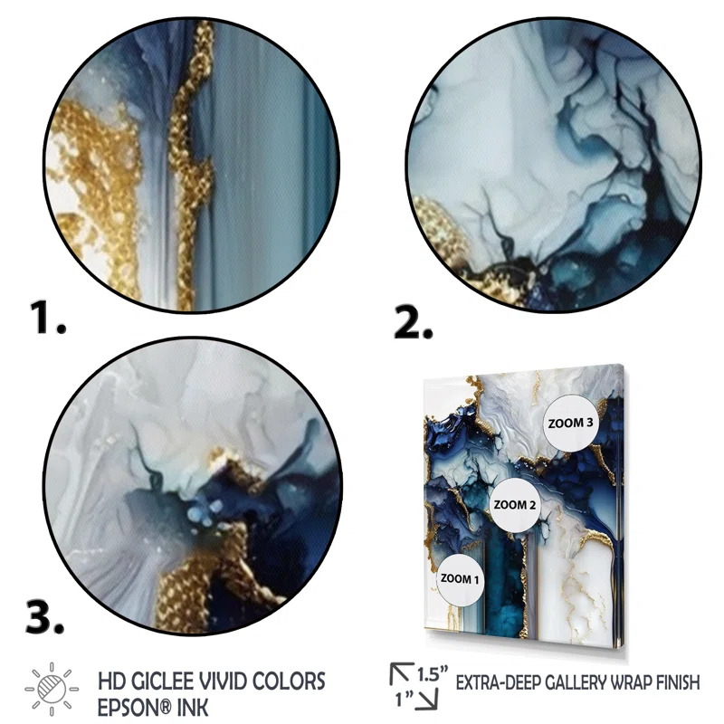 " Abstract Geode White And Blue Marble I " 3 - Pieces