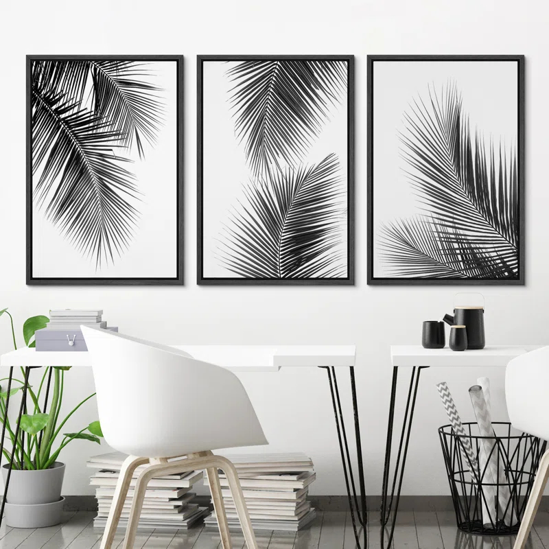 IDEA4WALL Minimal Botanical Black And White Tropical Palm Tree Leaves Organic Modern Framed Canvas 3 Pieces Print Wall Art