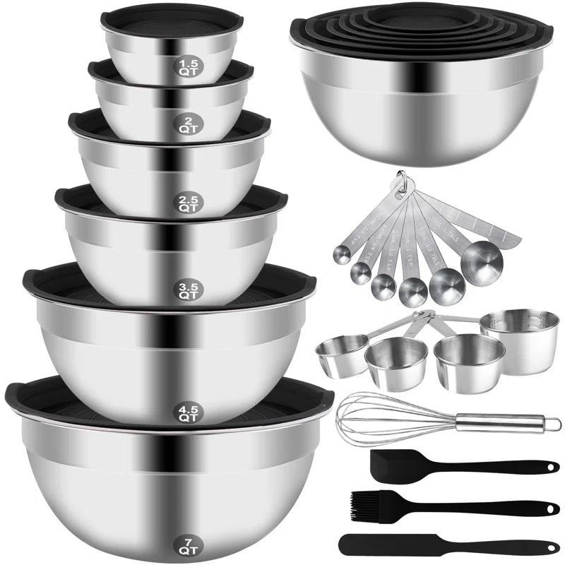 Mixing Bowls Set, 27PCS Stainless Steel Mixing Bowl With Lid Set, Large Nesting Bowls 7, 4.5, 3, 2.5, 2, 1.5QT, Measuring Cups And Spoons Baking Utensils Metal Bowl For Kitchen Prep