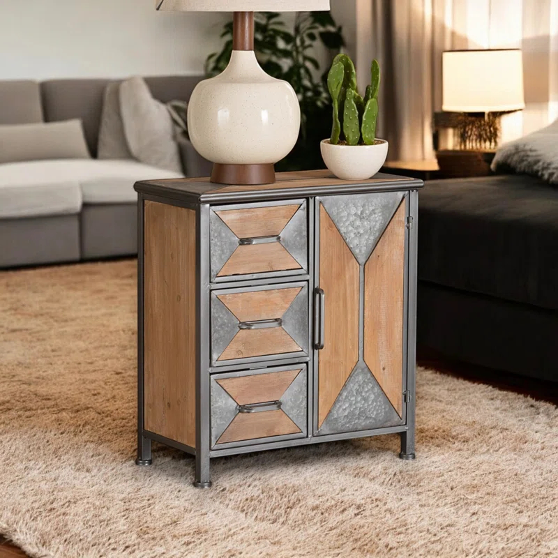 Livi Homes Vortex 3-Drawer Accent Storage Cabinet in Rustic Industrial Antique Grey Finished Metal and Whitewashed Oak Brown Finished Wood