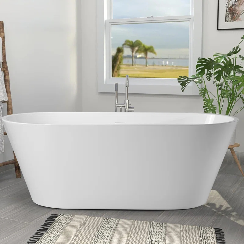 55" Freestanding Soaking Acrylic Bathtub Contemporary Stand Alone Tub with Pop-Up Drain