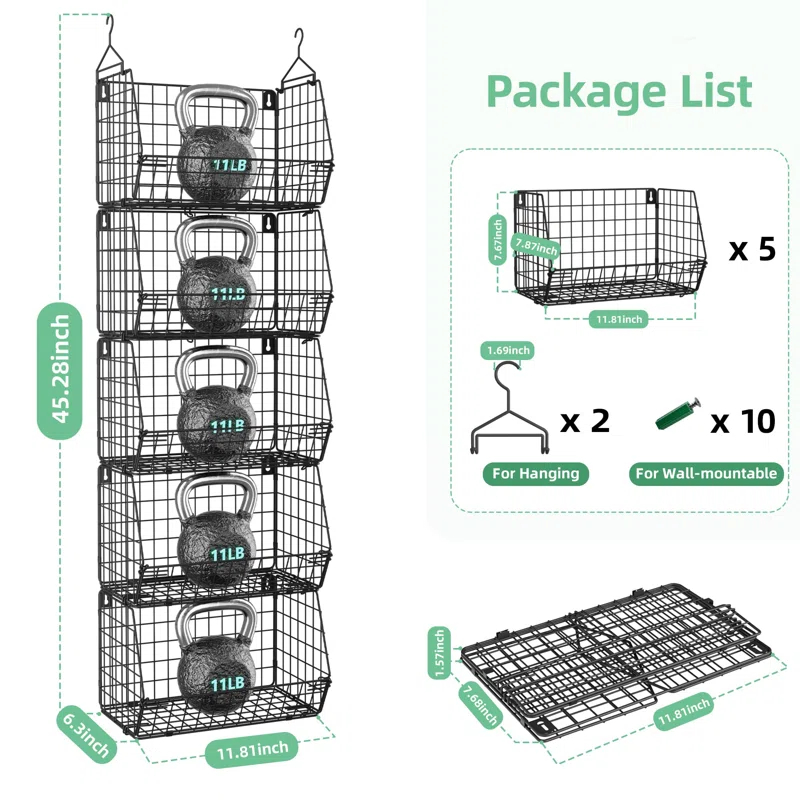 Rebrilliant Hanging Baskets For Organizing, 5 Tier Wall Basket Storage For Kitchen, Wire Closet Organizer Shelves For Small Space, Multifunctional Wall Mounted Baskets For Laundry Room, Pantry, Fruit