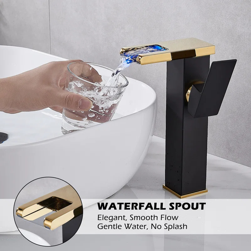 YCCUZA Y217H-BG Single Hole Faucet Single-handle LED Bathroom Vessel Sink Faucet with Drain Assembly