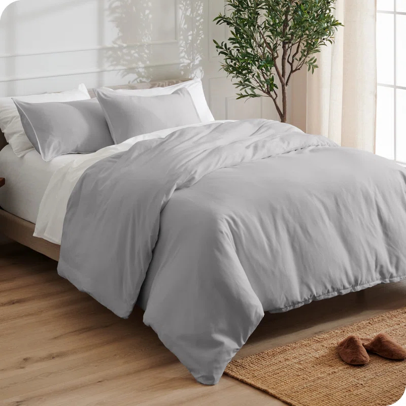 King/Cal King Light Grey Double Brushed Duvet Cover Set by Bare Home