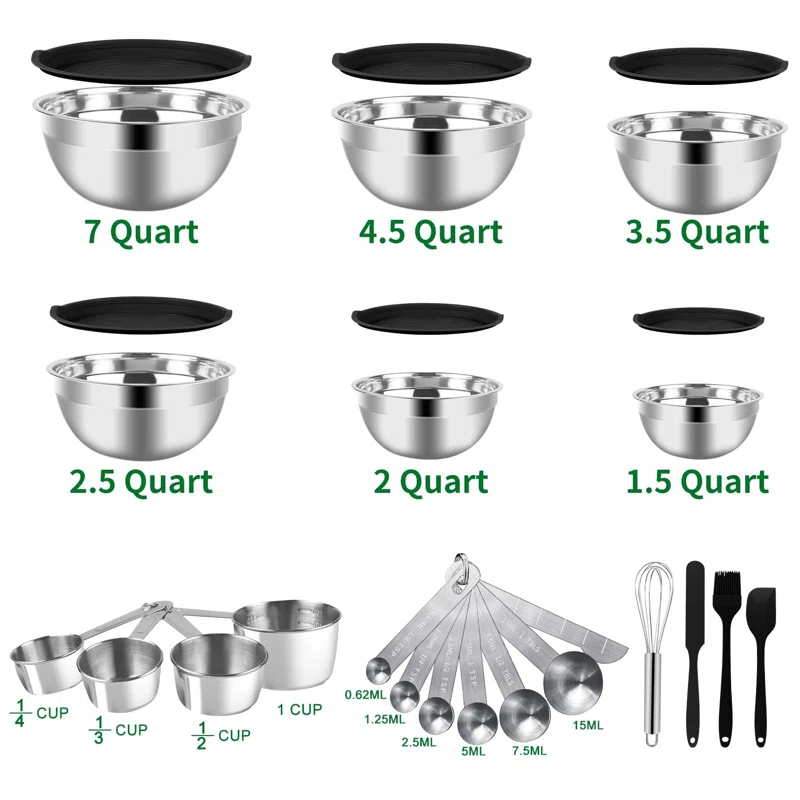 Mixing Bowls Set, 27PCS Stainless Steel Mixing Bowl With Lid Set, Large Nesting Bowls 7, 4.5, 3, 2.5, 2, 1.5QT, Measuring Cups And Spoons Baking Utensils Metal Bowl For Kitchen Prep