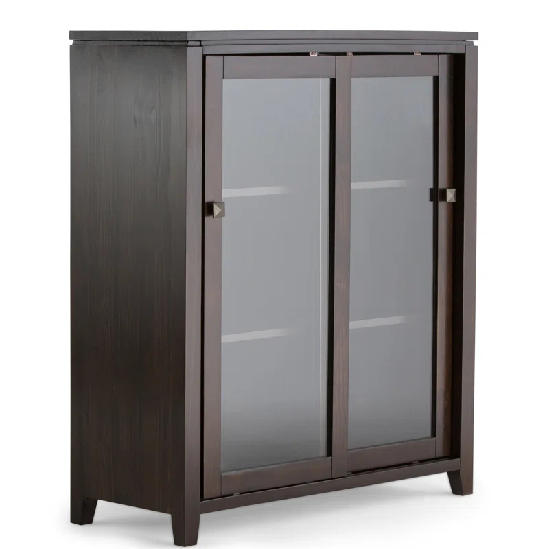Simpli Home Cosmopolitan 36"W Solid Wood 4-Shelf Contemporary Medium Storage Cabinet with Sliding Glass Doors