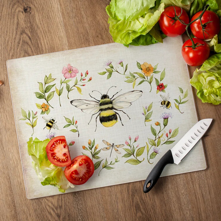 CounterArt CounterArt Bee Wreath 3mm Glass Cutting Board 15” x 12”