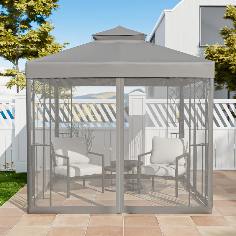 COOS BAY 8 Ft. W x 8 Ft. D Steel Frame Vented Soft Top Patio Gazebo with Mesh Netting, Corner Shelves