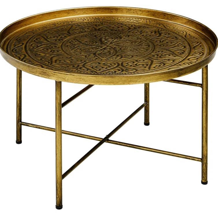 Dakota Fields 24" Round Coffee Table with Hammered Tray Top & Metal Frame, Gold