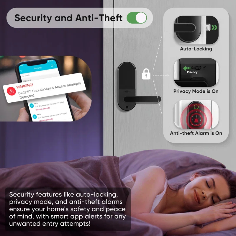 Keyless Entry Fingerprint Digital Smart Lock: Electronic Door Lock With Password, Electric Door Handle, Biometric Door Handle (Black)