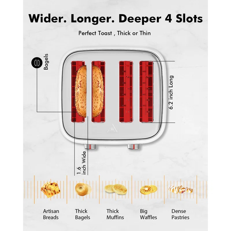 LONGDEEM 4 Slice Toaster, Extra Wide Slots, Longdeem Retro Stainless Steel Toasters, 6 Browning Options, Auto Shut Off & Frozen Function, Toast Fruit Bread, Bagel & Waffle