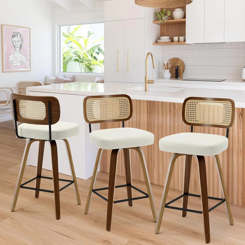 INKEDZ Swivel Counter Height Bar Stools Set of 3, Upholstered Faux Leather Barstools with Rattan Back, 26" Seat Height Bar Chairs for Kitchen Island, Bentwood Wood Frame, Cream White