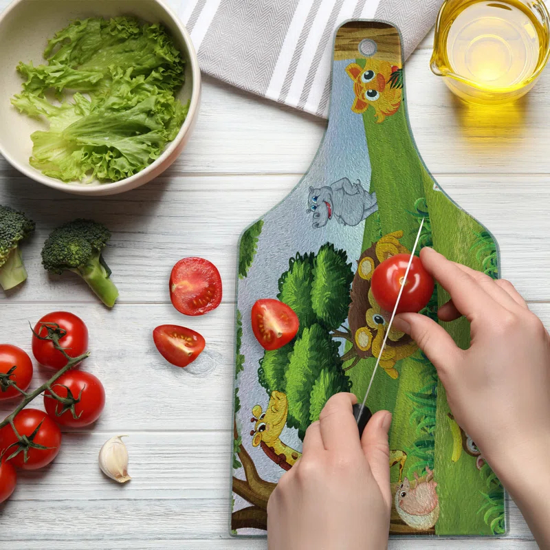 Ambesonne Zoo Tempered Glass Cutting Board Animals in Forest Savannah Art Multicolor