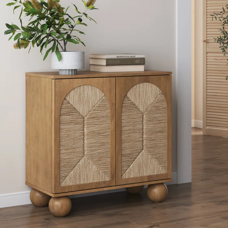 Nathan James Boho Storage Cabinet with Ball-Style Feet and Seagrass Door Panels