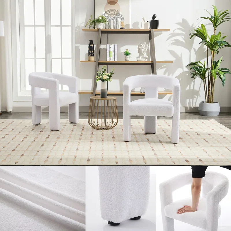 Ivy Bronx Modern Barrel Dining Chair – Upholstered Accent Side Chair With Arms, Comfy Makeup Vanity Chair, Versatile Dining Chair For Living Room And Kitchen, Sherpa Fabric (1, White)