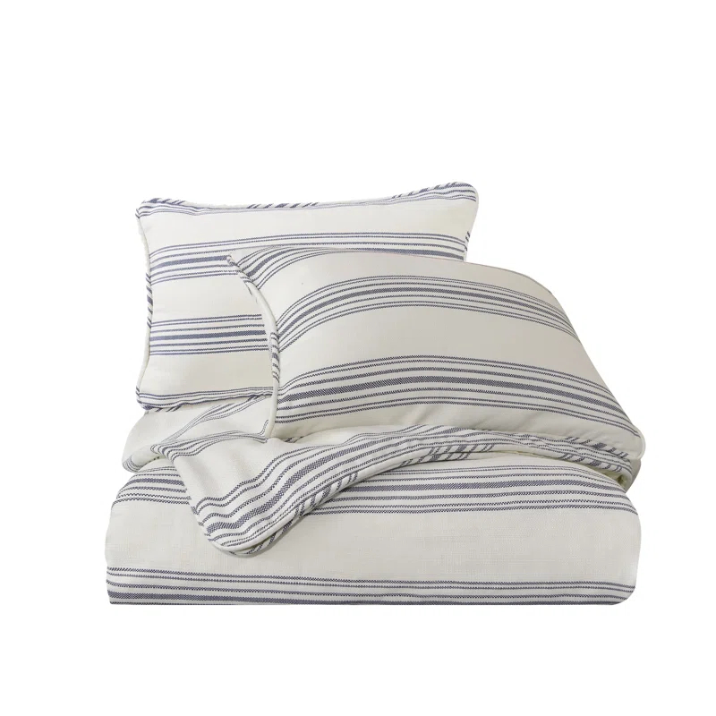 HiEnd Accents Prescott Ticking Stripe Pattern Woven Classic Chic Casual Farmhouse Coastal 3 Piece Duvet Cover Set