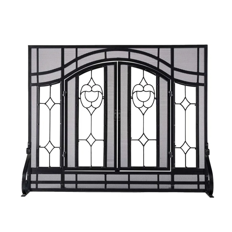 Plow & Hearth Two-Door Fireplace Screen with Tempered Glass Floral Panels