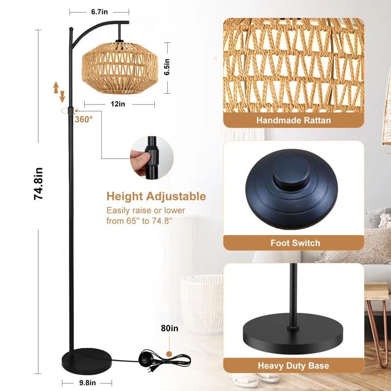 Bay Isle Home™ Boho 72'' Rattan Floor Lamp With 3 Color Temps, 360° Rotatable Modern Farmhouse Design For Bedroom/Living Room/Office