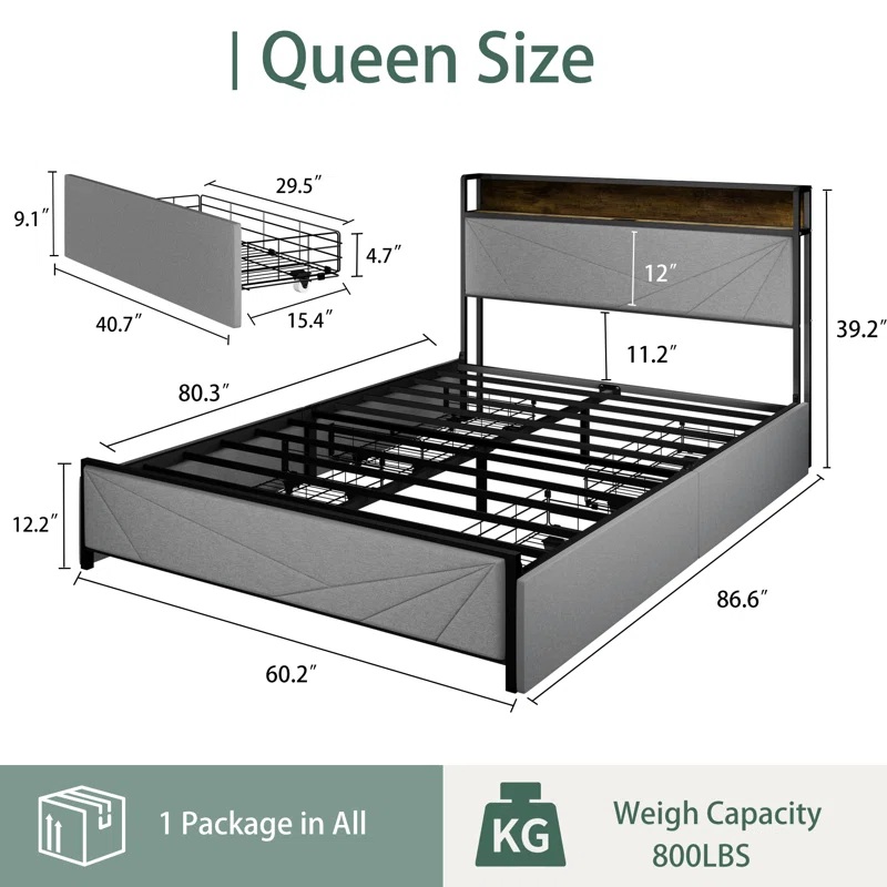 Full Size Bed Frame With 4 Storage Drawers And 2 USB Ports, Upholstered Platform Bed Frame With Storage Headboard Charging Station And Metal Slat Support, No Box Spring Needed, Dark Grey