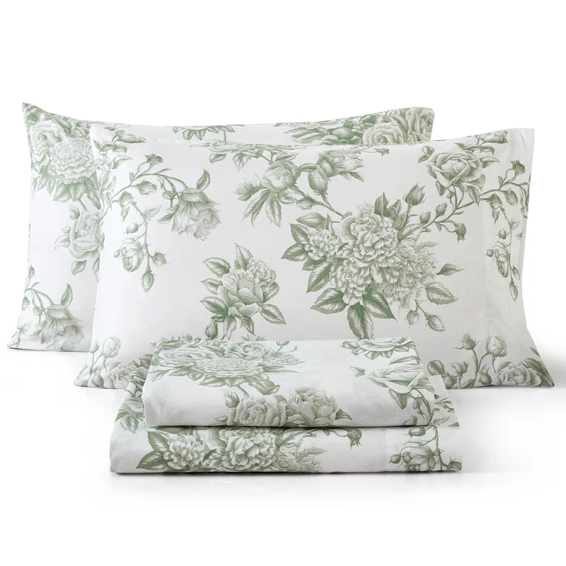 HLC.ME HLC.ME Rose Toile Floral Bed Sheets - Wrinkle Resistant & Ultra Soft - Fits Mattresses up to 15 Inches Deep (Sage Green)