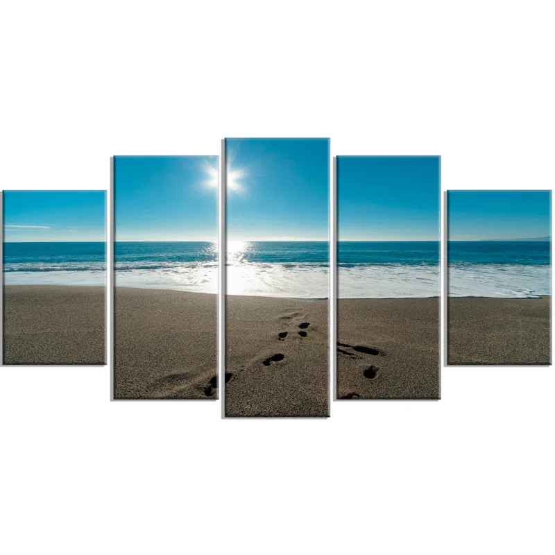 Design Art " Blue Sea And Footprints In Sand " 5 - Pieces