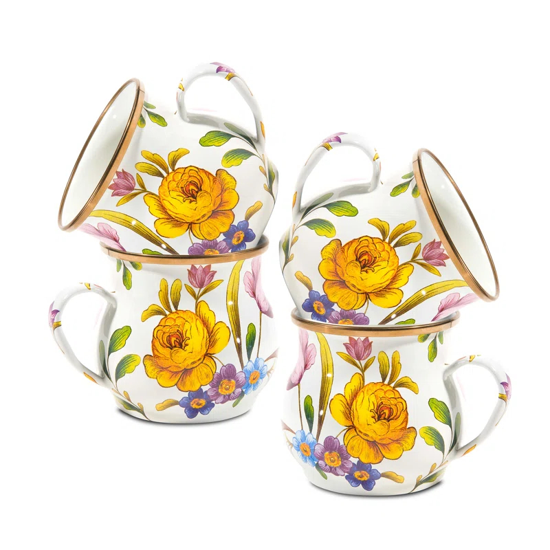 MacKenzie-Childs White Flower Market White Mugs (Set of 4)